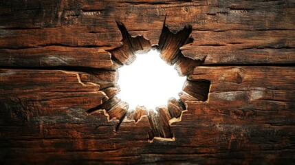 Poster - Light Emerging from an Intriguing Hole in a Rustic Wooden Surface, Symbolizing New Perspectives and Hidden Depths in Nature's Textures and Beauty