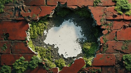 Poster - Close-Up View of a Cracked Red Brick Wall with Green Mold, Revealing a Mirror and Exposing the Crumbling Surface Beneath the Bold Color and Texture