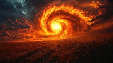 Aufkleber - A swirling vortex of fiery colors against a dramatic sky over a golden field.