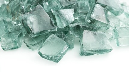 Poster - Close-Up View of Shattered Glass Pieces in Various Shapes and Textures Against a Light Background, Perfect for Design and Art Projects