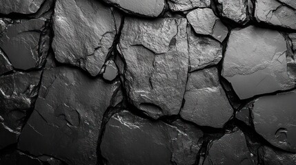Poster - A textured black stone wall with varying shapes and sizes of slate-like rocks.