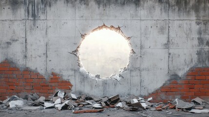 Poster - Broken Concrete Wall with Circular Opening and Exposed Brick, Displaying Debris on Ground, Symbolizing Destruction and Reconstruction Concepts in Urban Settings