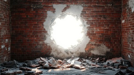 Poster - Abandoned Room with Crumbling Walls and Round Window Opening Letting in Bright Light Through Broken Bricks and Debris on the Floor