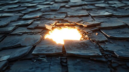 Poster - Cracked Slate Roof Tiles with Bright Light Illuminating from Below, Exposing Damaged Surface, Texture and Pattern in Architectural Photography
