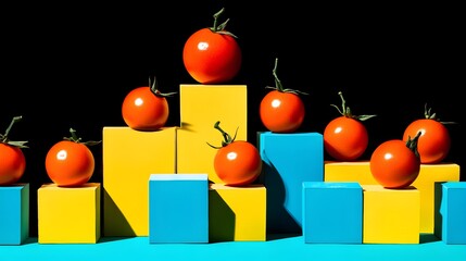 Poster - Colorful tomato display on geometric blocks studio food photography bright environment elevated viewpoint