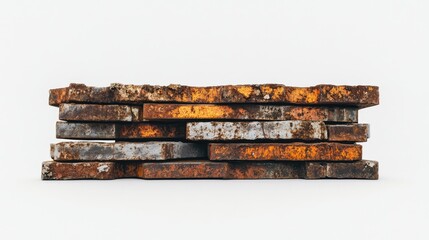 Poster - Stacked Rusty Metal Plates with Texture and Patina, Displaying Unique Color Patterns Against a Plain White Background for Industrial or Abstract Concepts