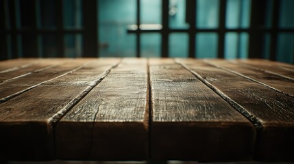 Poster - Rustic wooden table surface with detailed texture set against a blurred background of a modern interior, conveying warmth and simplicity in design aesthetics.