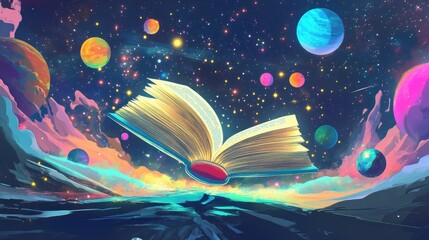 Poster - A Magical Universe: An Open Book Floating in Space Surrounded by Colorful Planets and a Vibrant Cosmic Background