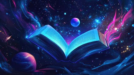 Poster - Cosmic Book Floating in Outer Space with Vibrant Colors and Galaxies, Symbolizing Knowledge, Imagination, and the Universe's Mysteries