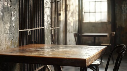 Poster - Rustic Table in Abandoned Jail Cell with Vintage Chairs and Grungy Walls Illuminated by Natural Light Streaming Through a Window