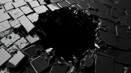 Poster - Dark Cracked Surface with Shiny Broken Tiles, Deep Hole in Black Pavement, Abstract Background for Art and Design Projects, Texture Exploration