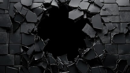 Poster - Black Wall with Cracked Surface Showing Large Hole Providing Dramatic Contrast Between Dark Texture and Empty Space for Creative Design and Background Use