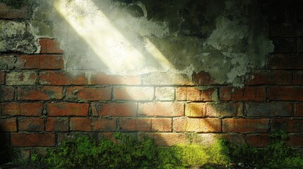 Poster - Sunlight Breaking Through Cracked Walls and Mossy Ground in an Abandoned Structure Captured in Natural Light and Textured Details