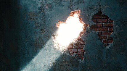Poster - Light Piercing Through a Crumbling Wall Highlighting Texture and Emphasizing Contrast in an Abandoned Building with a Sense of Mystery and Depth