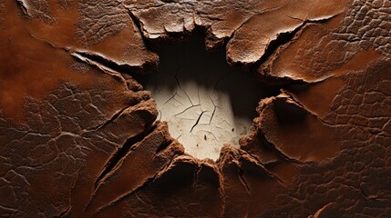 Poster - Close-Up of Torn Brown Leather with Cracked Texture and Exposed Light Background, Showcasing the Depth and Detail of Worn Material