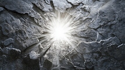 Poster - Bright Light Emanating from a Cracked Stone Surface Creating an Ethereal Glow in a Dark Environment, Symbolizing Hope and New Beginnings