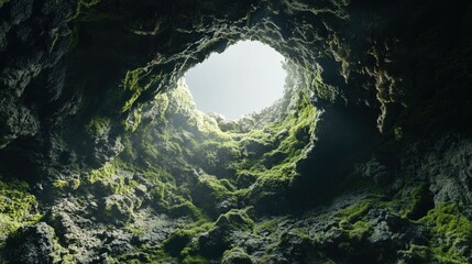 Poster - Breathtaking View of a Natural Cave Opening Surrounded by Lush Greenery and Rock Formations Illuminated by Soft Natural Light