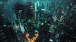 © Teeraphon - Smart digital Innovation city with connection network reciprocity over the cityscape. of future smart wireless digital city and social media networking systems that connects people with in city