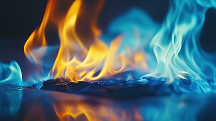 Poster - Vibrant Flames of Orange and Blue Dancing Over a Dark Surface Creating a Mesmerizing Abstract Background for Creative Projects and Visual Art
