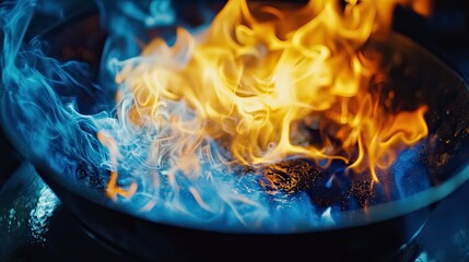 Poster - Captivating Flame Dance with Blue Smoke in a Dark Background, Radiating Warmth and Energy, Ideal for Representing Passion, Intensity, and Motion in Various Creative Projects