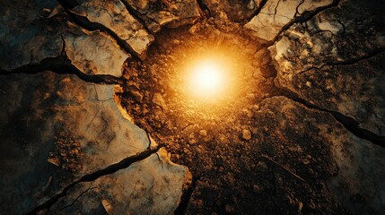 Poster - Dramatic Cracked Earth Surface with Glowing Center, Symbolizing Energy, Transformation, and Natural Phenomena in Earthy Tones and Textures