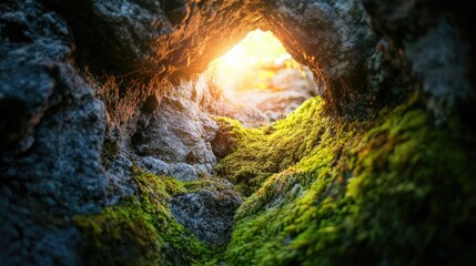Poster - Sunlight Streaming Through Rocky Crevice Highlighting Lush Green Moss in a Natural Habitat of Earth and Stone