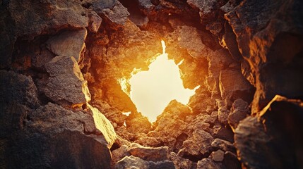 Poster - Beautiful Sunrise View Through Jagged Rock Formation, Illuminating Inner Cave with Warm Golden Light and Natural Texture in a Coarse Landscape