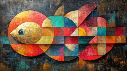Poster - A vibrant abstract fish artwork composed of colorful geometric shapes and textures.