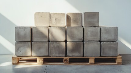 Poster - Stacked Concrete Blocks on Wooden Pallet in Bright Sunlight Casting Shadows in Minimalist Space for Architectural and Industrial Use