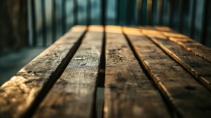 Poster - Close-Up View of a Rustic Wooden Table Surrounded by Natural Light, Showcasing the Texture and Grain Patterns of Aged Wood in an Industrial Setting