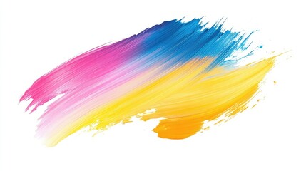 Poster - Vibrant and Colorful Brush Stroke Illustrating a Beautiful Blend of Pink, Blue, Yellow, and Orange Paint on a White Background for Creative Designs
