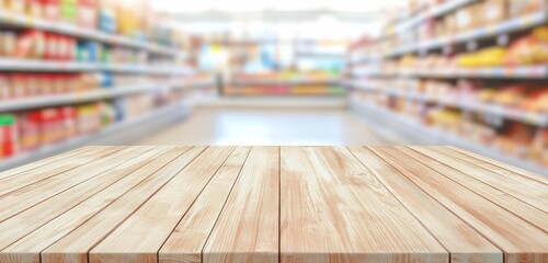 An inviting wood table contrasts with the modern interior of the supermarket.