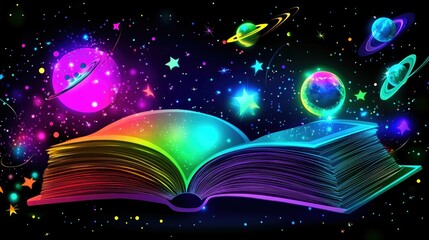 Poster - Colorful Open Book Surrounded by Galaxies and Planets, Illustrating the Journey of Imagination Through Space and Time in a Vibrant Cosmic Setting