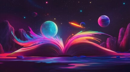 Poster - An Open Book with Colorful Swirls of Light Against a Cosmic Background, Featuring Planets and a Starry Sky Offering a Sense of Wonder and Imagination