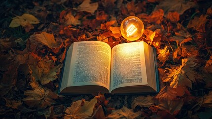 Poster - Open Book on Autumn Leaves with a Warm Glow from a Light Bulb, Symbolizing Knowledge, Nature, and Introspection During the Fall Season