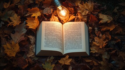 Poster - An Open Book Illuminated by a Vintage Light Bulb Surrounded by Autumn Leaves on a Rustic Background, Evoking Warmth and Inspiration in Nature's Colors