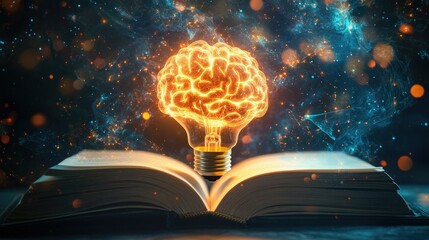 Poster - A Creative Concept of Knowledge and Innovation Depicted as a Light Bulb Brain Above an Open Book with a Cosmic Background to Inspire Imagination and Curiosity
