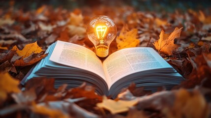 Poster - Open Book on Autumn Leaves with Glowing Light Bulb Symbolizing Inspiration, Creativity, and Knowledge in Nature's Beautiful Setting