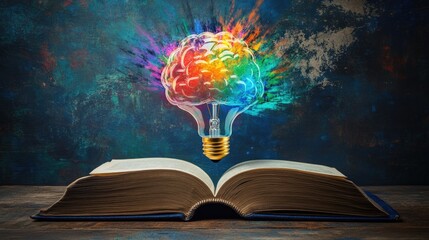 Poster - Open Book with Colorful Light Bulb and Brain Illustrating the Concept of Creative Thinking and Knowledge Transformation in a Vibrant Artistic Style