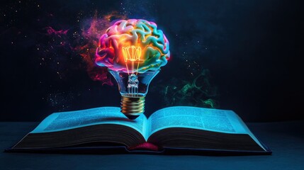 Poster - Creative Concept of Imagination and Knowledge Featuring an Open Book with a Colorful Brain and Light Bulb Illustration Representing Inspiration and Ideas
