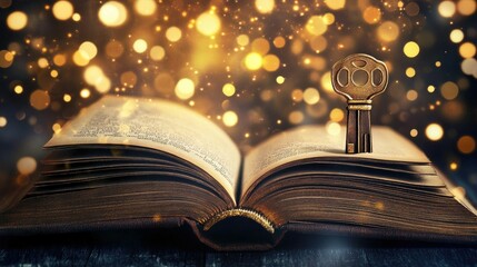 Poster - Mystical Key Resting on an Open Book Surrounded by Sparkling Lights Creating a Dreamlike and Enchanting Atmosphere for Creative Concepts