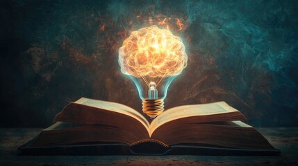 Poster - Open Book with Light Bulb as Brain Illustrating Knowledge, Creativity, and Inspiration in Learning, Education, and Imagination Concepts