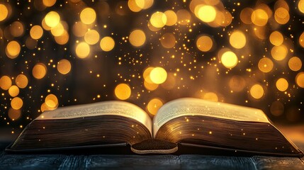 Poster - Open Book with Glowing Bokeh Lights Creating a Magical Atmosphere of Dreamy Inspiration and Knowledge in Enchanting Background Setting