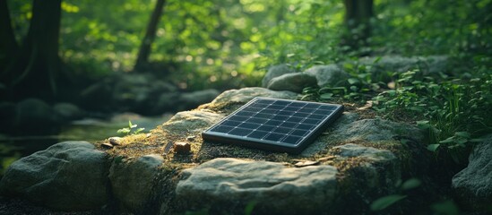 Wall Mural - A small solar panel lies on a mossy rock in a forest clearing, with a stream flowing nearby.