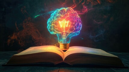 Poster - A Spark of Creativity: Illuminated Light Bulb Creating Colorful Brain Above Open Book Representing Knowledge, Learning, and Imagination in Abstract Artwork
