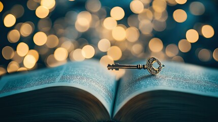 Poster - Enigmatic Golden Key Resting on Open Book with Sparkling Bokeh Background, Symbolizing Knowledge, Secrets, and Mysteries Awaiting Discovery