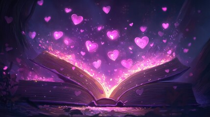 Poster - Enchanting Open Book with Magical Hearts Floating Above, Vibrant Colors and Mystical Glow Creating a Dreamy Atmosphere for Fantasy Lovers