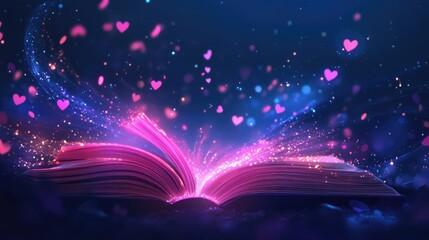Poster - Enchanting Open Book with Glowing Hearts and Magical Sparkles in a Dreamy Background Representing Love and Imagination