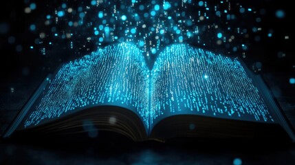 Poster - Enchanted Open Book with Magical Light Particles and Digital Data Streams, Symbolizing Knowledge, Learning, and Imagination in a Mystical Setting