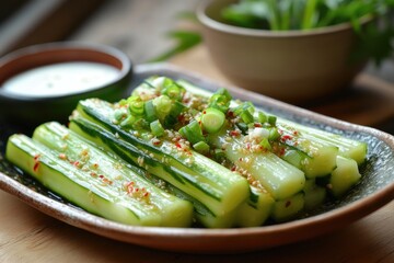 Wall Mural - Cucumber salad with sesame seeds and green onions dressing